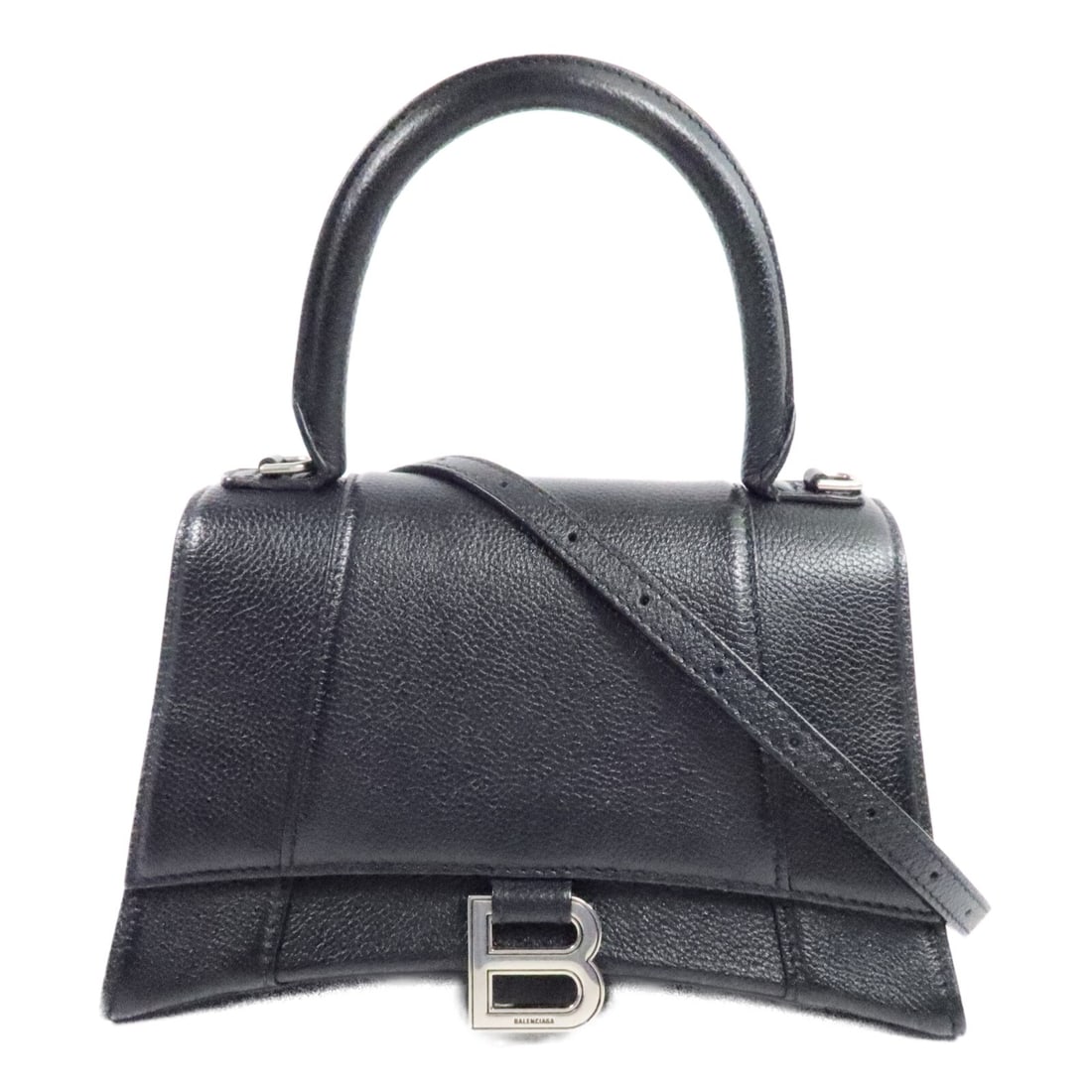 Balenciaga Hourglass Small Top Handle 2 Way Bag Black Calfskin SHW: Balenciaga Hourglass Small Top Handle 2 Way Bag Black Calfskin SHW Balenciaga Hourglass Small top handle 2-way shoulder bag in black calfskin. This women's bag features a structured silhouette with a 