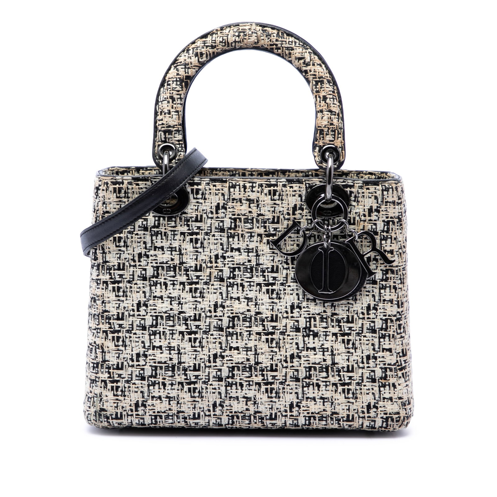 Dior Lady Dior Medium Tweed Handbag White Fabric: Dior Lady Dior Medium Tweed Handbag White Fabric Medium Tweed Lady Dior bag in white, featuring a tweed body with flat leather handles, a detachable flat leather shoulder strap, a top zip closure, and