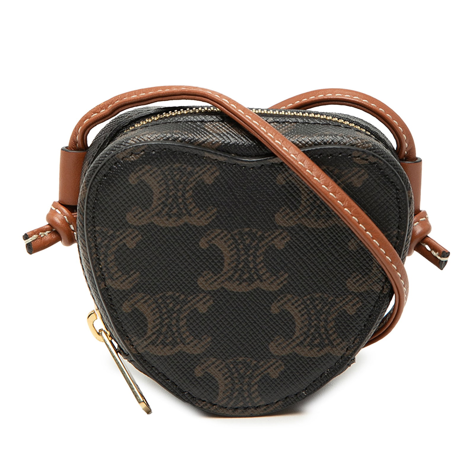 Celine Micro Triomphe Heart Crossbody in Coated Canvas: Celine Micro Triomphe Heart Crossbody in Coated Canvas Celine Micro Triomphe Heart Crossbody in brown coated canvas with a flat leather shoulder strap and top zip closure. Made in Italy. Includes box.