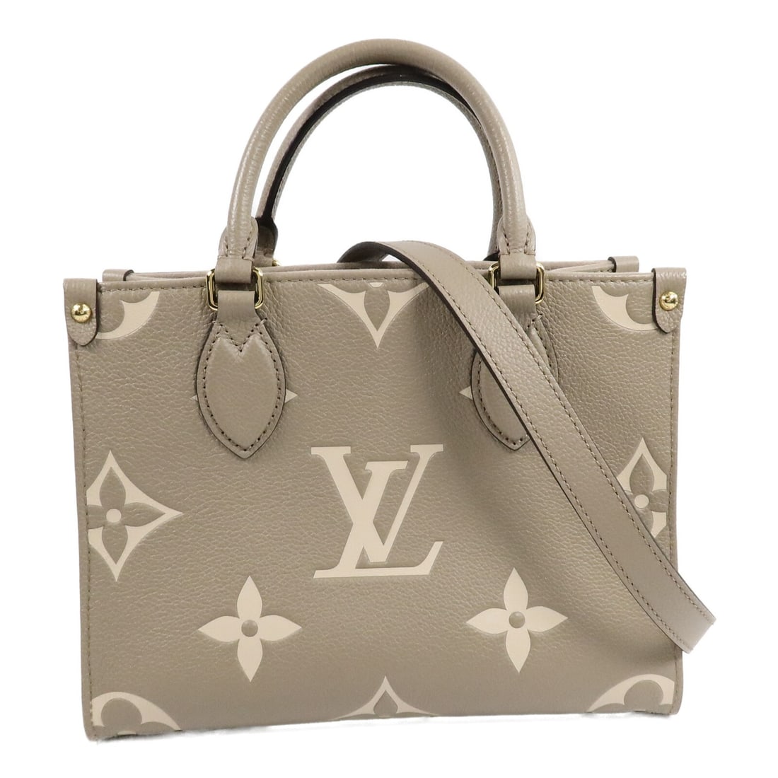 Louis Vuitton OnTheGo PM M45779 beige calfskin 2 way handbag: Louis Vuitton OnTheGo PM M45779 beige calfskin 2 way handbag Louis Vuitton OnTheGo PM 2-way shoulder bag in Monogram Empreinte calfskin with a beige exterior. This women's bag features dual carry opti