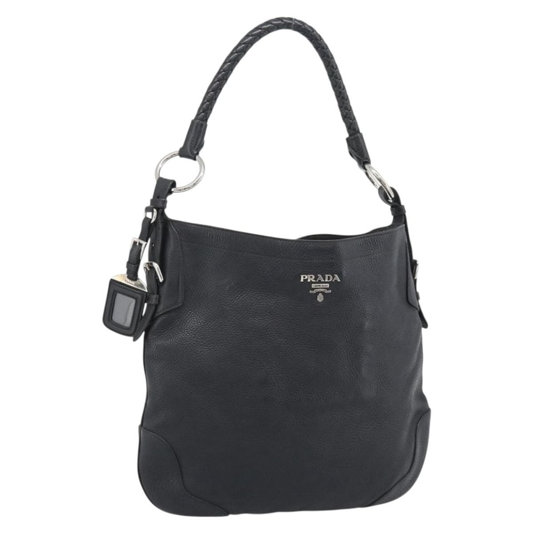 PRADA Black Leather Shoulder Bag with Name Tag and Guarantee Card: PRADA Black Leather Shoulder Bag with Name Tag and Guarantee Card Authentic Prada shoulder bag crafted in black leather with silver-tone accents. Made in Italy, this women's bag includes a name tag an