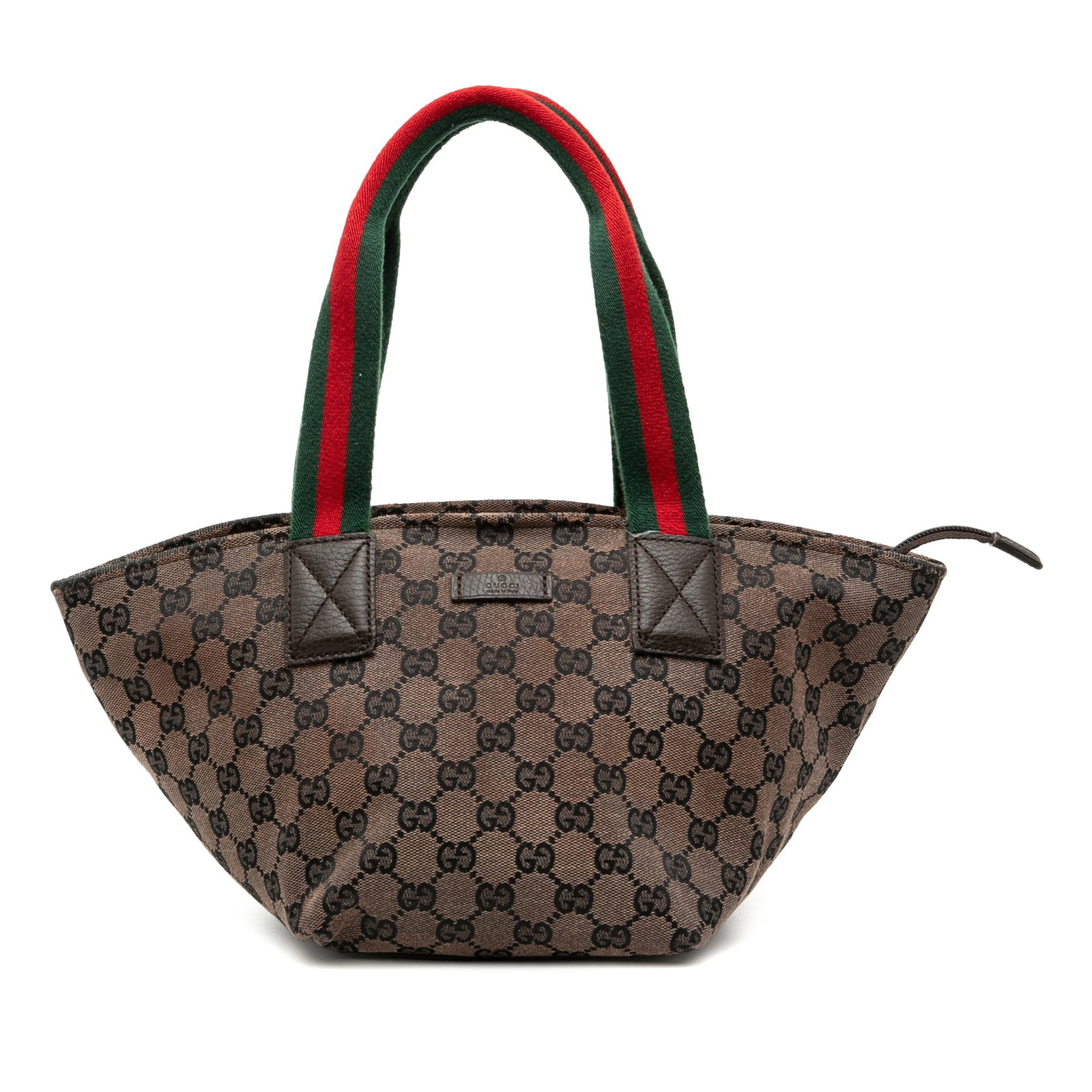 Gucci GG Canvas Tote with Web Handles Italy: Gucci GG Canvas Tote with Web Handles Italy This Gucci GG Canvas Web Tote features a canvas body with leather trim, flat web canvas handles, a top zip closure, and interior zip and slip pockets. The b