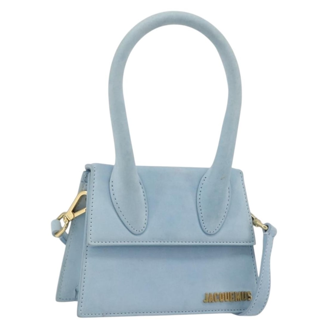 Jacquemus 2way suede handbag light blue with shoulder strap: Jacquemus 2way suede handbag light blue with shoulder strap Jacquemus suede 2-way handbag in light blue with gold-tone accents. Made in Italy, this women's bag includes a shoulder strap and can be car