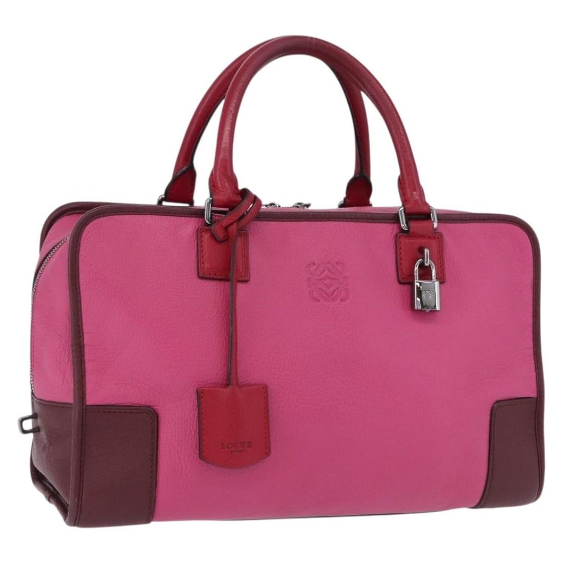 LOEWE Amazona 35 Pink Leather Handbag with Padlock Keys Clochette: LOEWE Amazona 35 Pink Leather Handbag with Padlock Keys Clochette Authentic LOEWE Amazona 35 handbag in pink and silver leather. Includes a padlock, two keys, and clochette. Made in Spain. Condition i