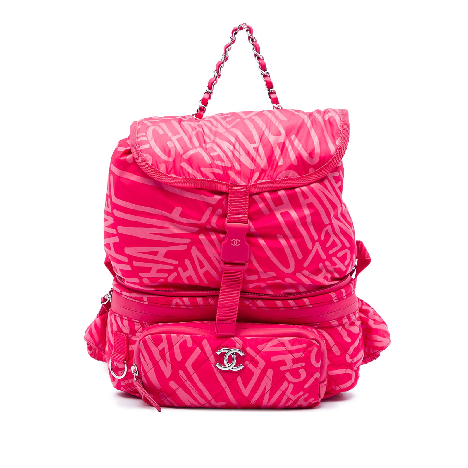 Chanel Coco Neige Printed Nylon Convertible Backpack Pink: Chanel Coco Neige Printed Nylon Convertible Backpack Pink Convertible Chanel Coco Neige backpack in printed nylon that folds into a belt bag. It features a nylon waist strap, leather-woven back straps
