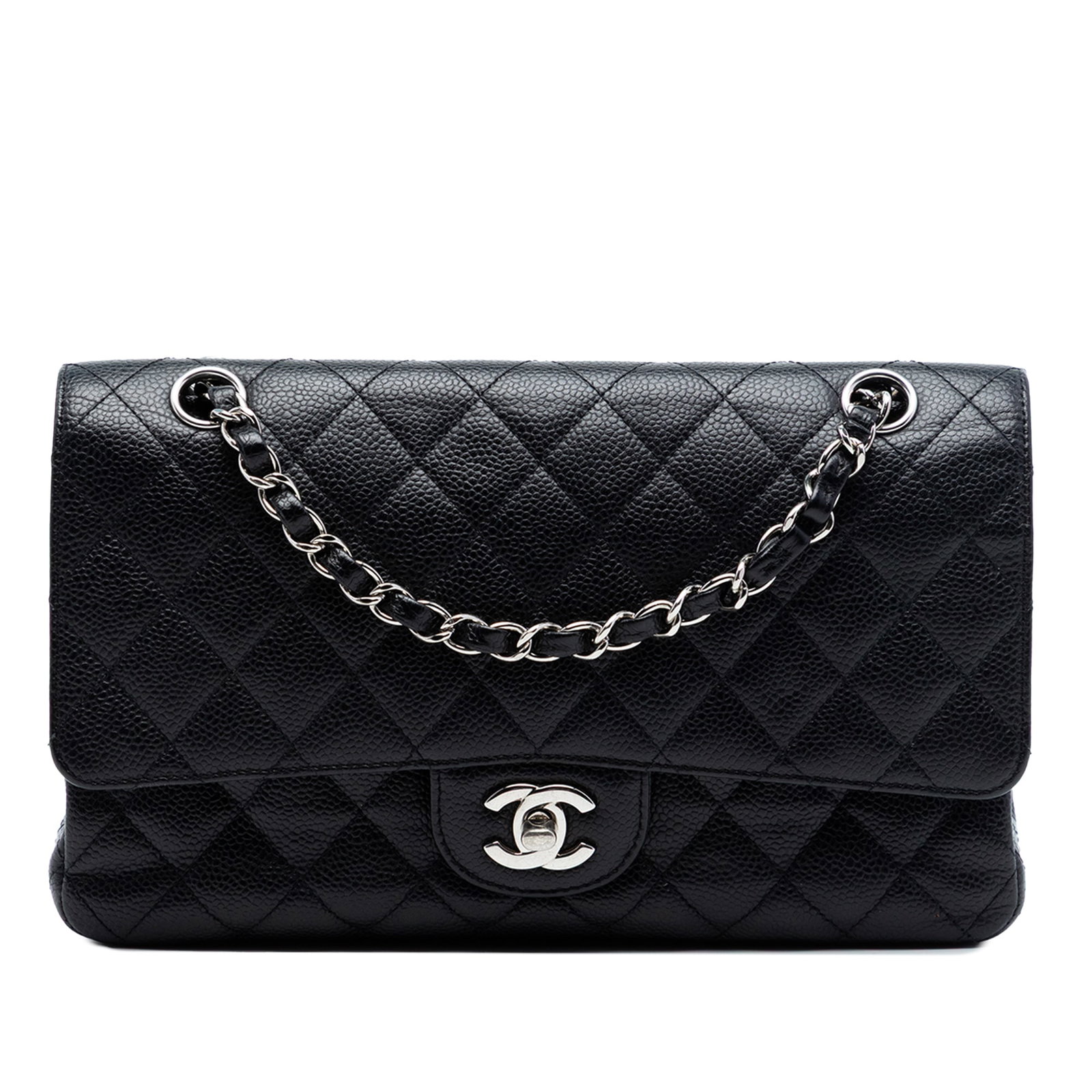 Black Quilted Leather Shoulder Bag by Chanel Medium Classic Double Flap: Black Quilted Leather Shoulder Bag by Chanel Medium Classic Double Flap This Chanel Medium Classic Caviar Double Flap shoulder bag showcases a quilted caviar leather exterior in black, complemented by