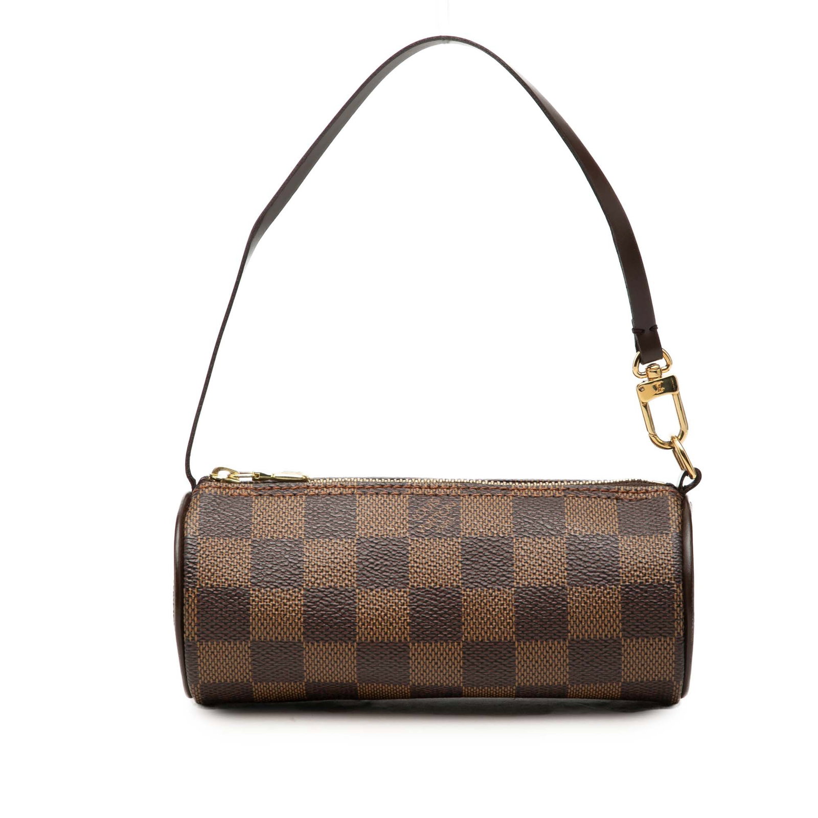 Louis Vuitton Papillon Pochette in Damier Ebene Canvas: Louis Vuitton Papillon Pochette in Damier Ebene Canvas Louis Vuitton Damier Ebene Papillon Pochette with a damier ebene canvas body, leather trim, a flat leather strap, and a top zip closure. The item