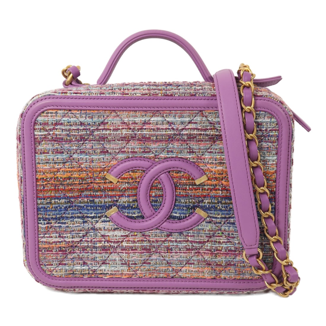 CHANEL Medium Vanity Case Tweed 2 Way Shoulder Bag Purple Multicolor: CHANEL Medium Vanity Case Tweed 2 Way Shoulder Bag Purple Multicolor A CHANEL CC GHW Medium Vanity Case Chain Shoulder Bag in tweed with a purple and multicolor exterior. This 2-way shoulder bag featu