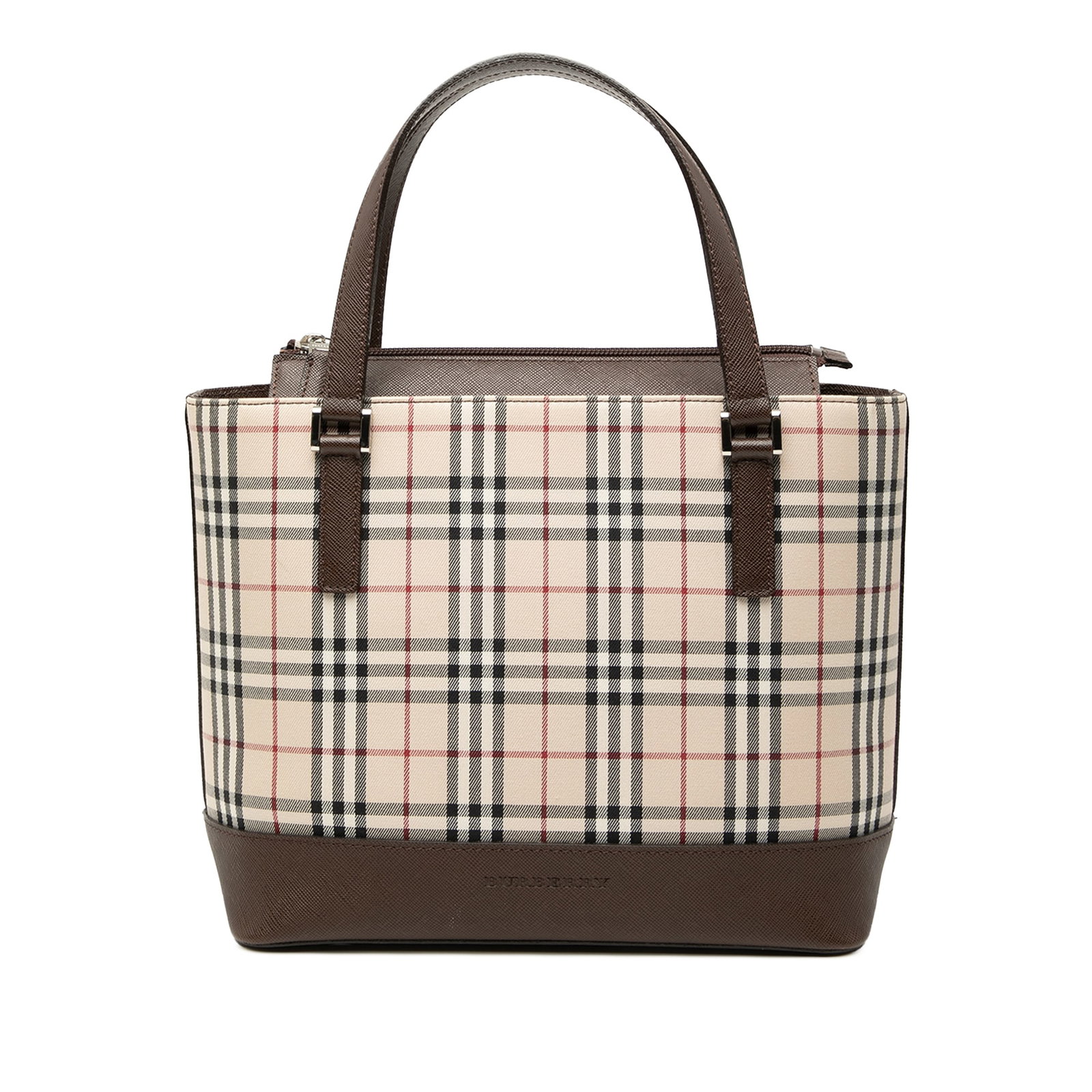 Burberry House Check handbag in canvas with leather trim: Burberry House Check handbag in canvas with leather trim Burberry House Check canvas handbag with leather trim, flat leather handles, a top zip closure, and an interior zip pocket. The bag shows visib