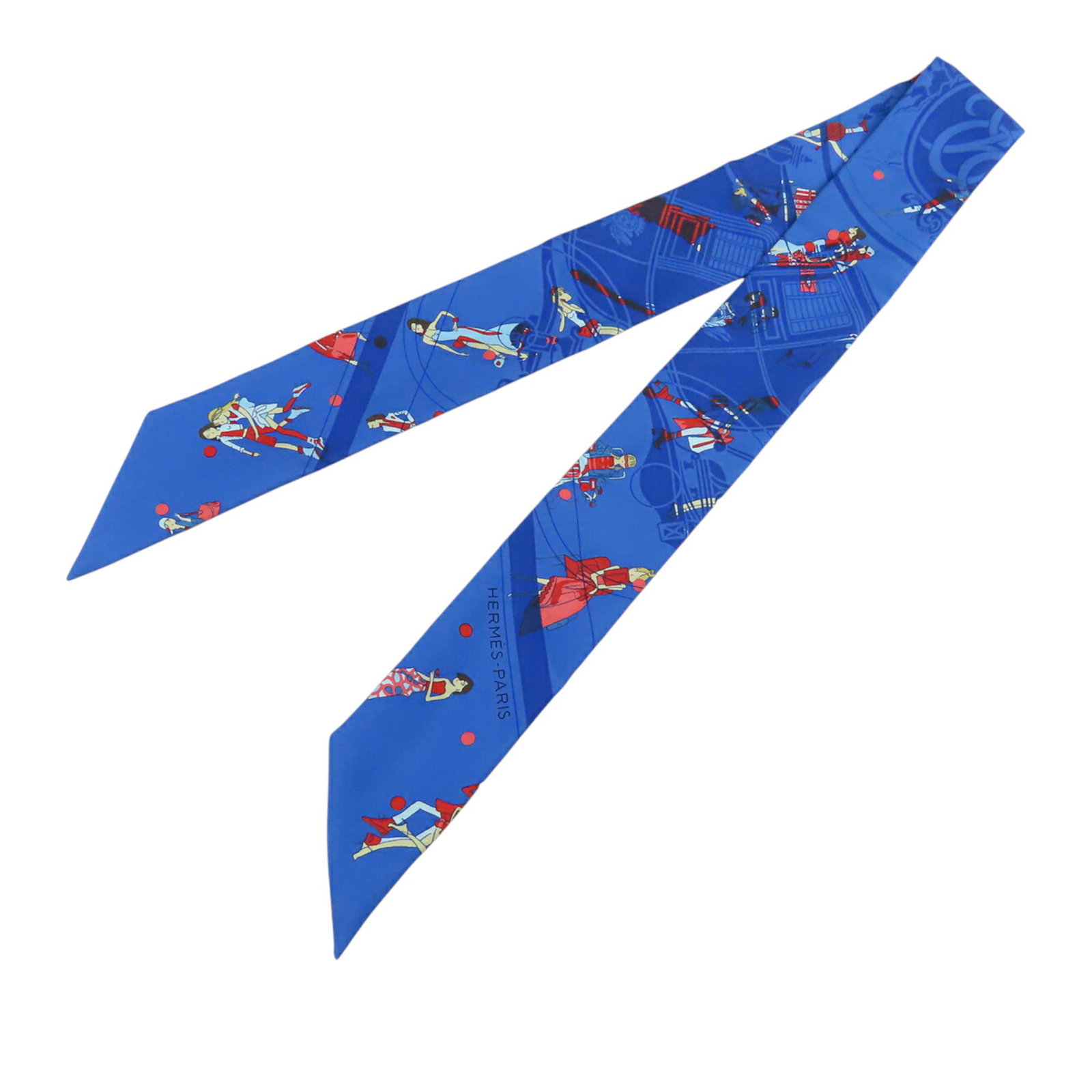Hermes Ex Libris Les Parisiennes Silk Twilly Blue Scarf: Hermes Ex Libris Les Parisiennes Silk Twilly Blue Scarf Hermes Ex Libris Les Parisiennes Twilly scarf in blue silk with the signature printed motif. Made in France, this accessory features a slim silh