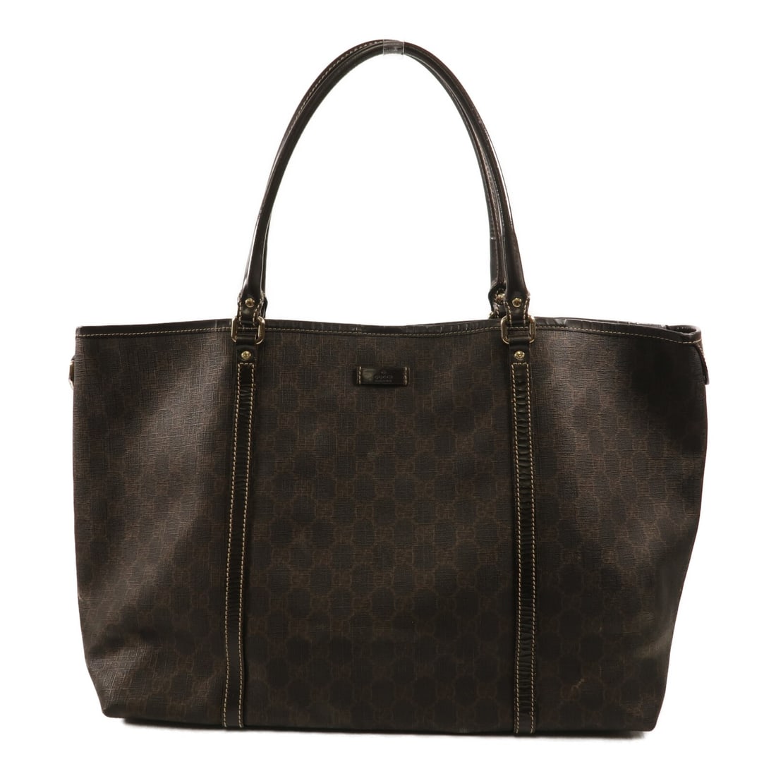 Gucci GG Tote Bag Brown Coated Canvas GHW Model 197954: Gucci GG Tote Bag Brown Coated Canvas GHW Model 197954 Gucci GG tote bag in brown PVC coated canvas with a brown frame color. Made in Italy, this women's tote features a single open interior pocket an