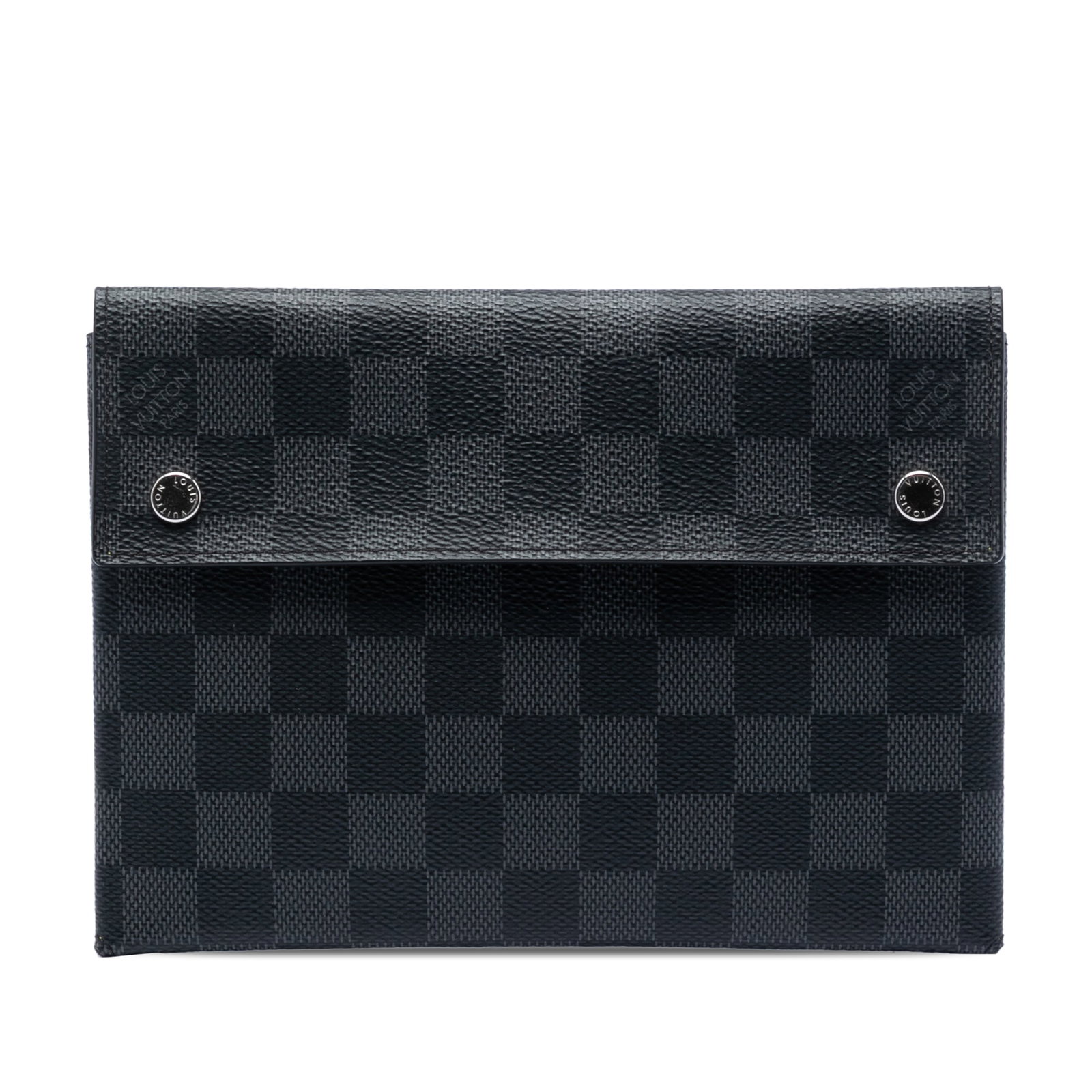 Louis Vuitton Alpha Pochette MM Damier Graphite Clutch Bag: Louis Vuitton Alpha Pochette MM Damier Graphite Clutch Bag Louis Vuitton Alpha Pochette MM in Damier Graphite canvas with a front flap and snap button closures. This bag is made in France and shows co