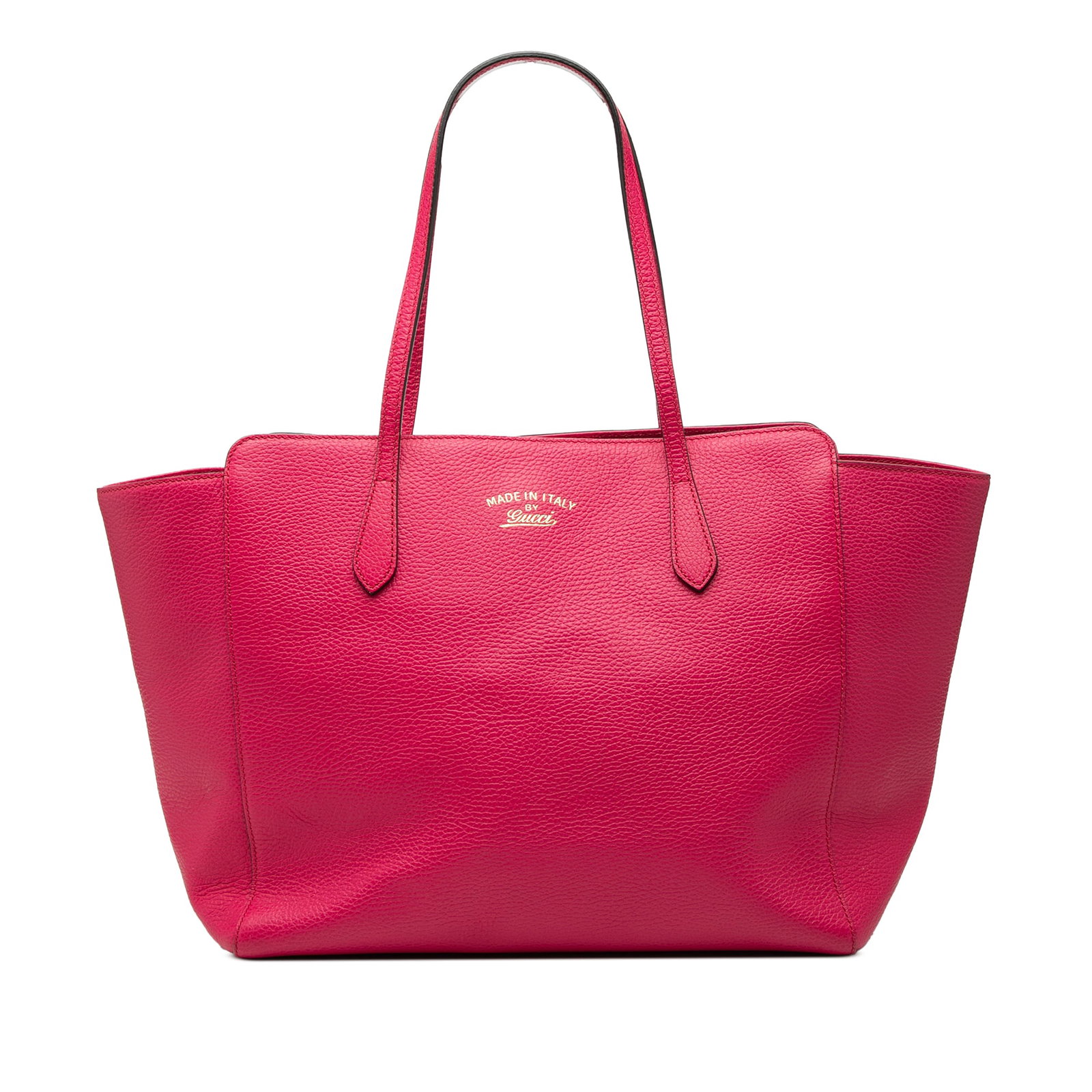 Gucci Swing Tote Pink Leather Medium: Gucci Swing Tote Pink Leather Medium This Gucci Medium Leather Swing Tote features a pink leather body with flat leather shoulder straps and an open top secured by a magnetic snap closure. The interio