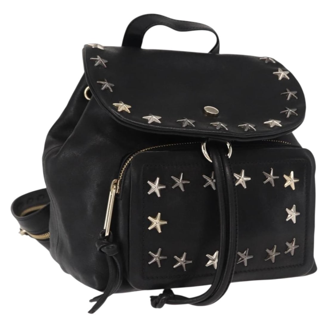 Black Leather Jimmy Choo Backpack with Gold Stud Accents: Black Leather Jimmy Choo Backpack with Gold Stud Accents This Jimmy Choo backpack features a black leather exterior with gold-tone stud accents. The bag is crafted in Italy and offers a compact size, 