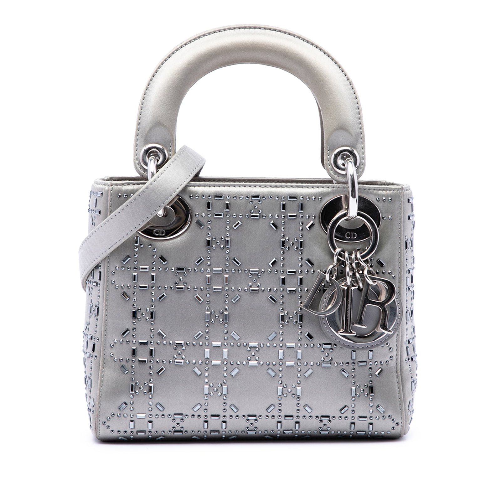 Dior Lady Dior Mini gray satin handbag with crystal cannage: Dior Lady Dior Mini gray satin handbag with crystal cannage Mini Lady Dior handbag in gray satin with Cannage quilting and crystal embellishments. It features flat satin top handles, a detachable flat