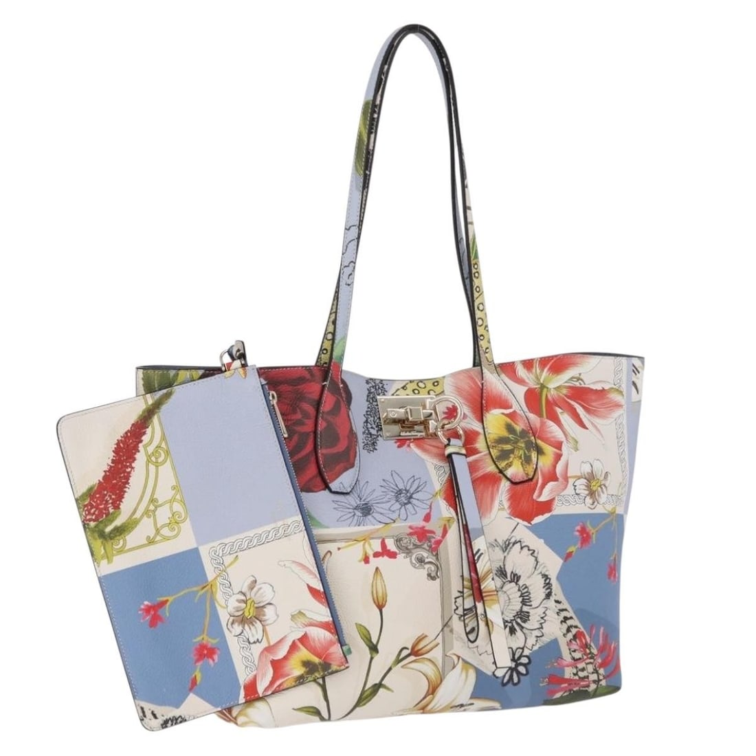 Salvatore Ferragamo Leather Tote with Pouch Light Blue Multicolor: Salvatore Ferragamo Leather Tote with Pouch Light Blue Multicolor Salvatore Ferragamo tote bag in leather with a light blue and multicolor exterior. Made in Italy, this women's bag comes with a pouch 