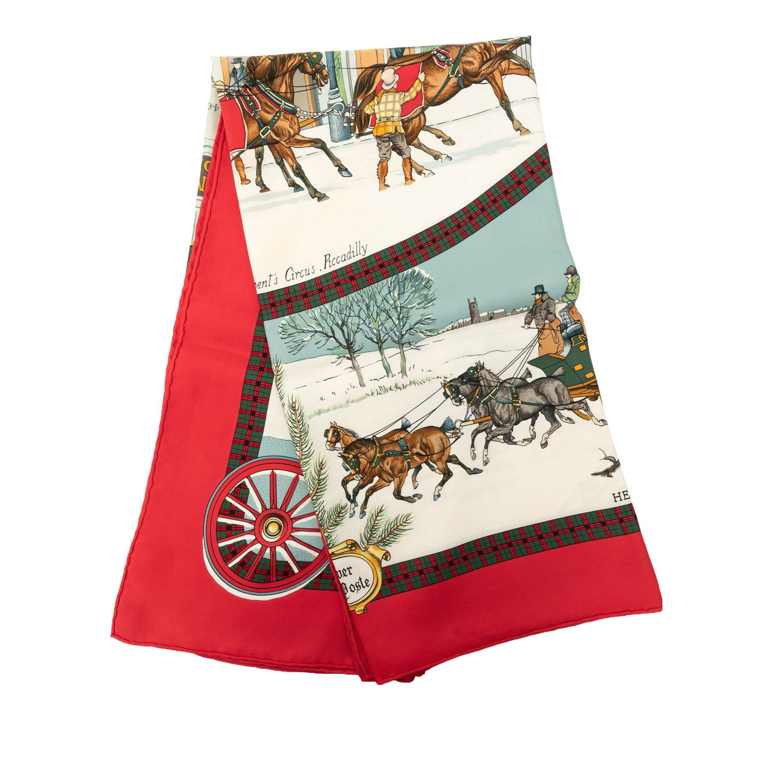 Hermes L Hiver En Poste 90 Red Silk Scarf: Hermes L Hiver En Poste 90 Red Silk Scarf Hermes L Hiver En Poste Silk Scarf 90 in red with the L Hiver En Poste print. Made from 100% silk in France. Condition AB with noted exterior front cut stitch
