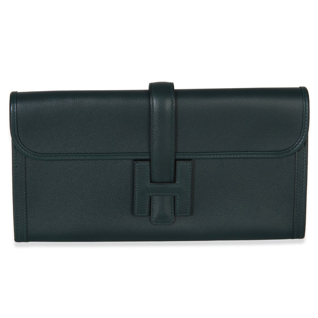 Hermes Jige Elan 29 green leather clutch: Hermes Jige Elan 29 green leather clutch Pre-owned Hermes Jige Elan 29 clutch in Vert Cypress Evercolor leather. This unisex design features a loop closure and a leather-lined interior in matching gre