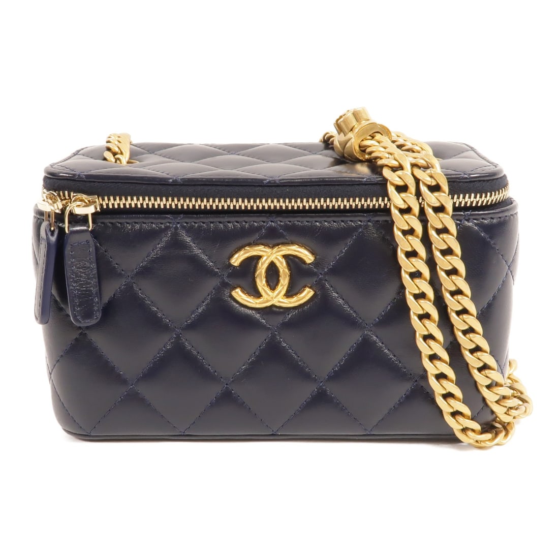 CHANEL CC Vanity Case Shoulder Bag Navy Lambskin GHW: CHANEL CC Vanity Case Shoulder Bag Navy Lambskin GHW CHANEL vanity case shoulder bag in navy lambskin leather with CC GHW styling. This women's shoulder bag features an interior card pocket and includ