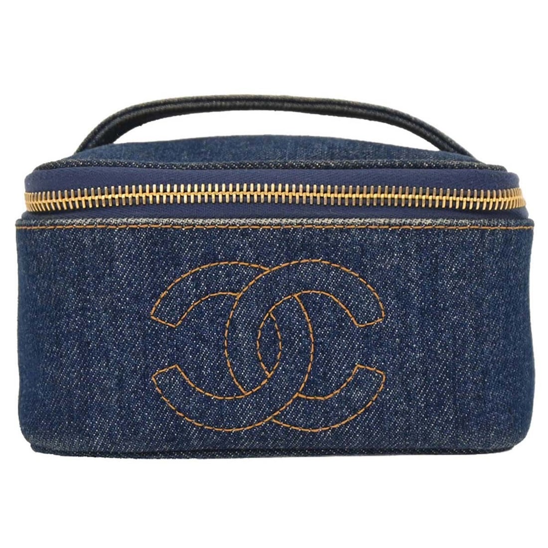 CHANEL Vanity Bag Blue Denim Zip Handbag: CHANEL Vanity Bag Blue Denim Zip Handbag Chanel vanity handbag in blue denim with a zip closure and top handle. Made in Italy, this women's bag includes a serial sticker, authenticity card, and boutiq