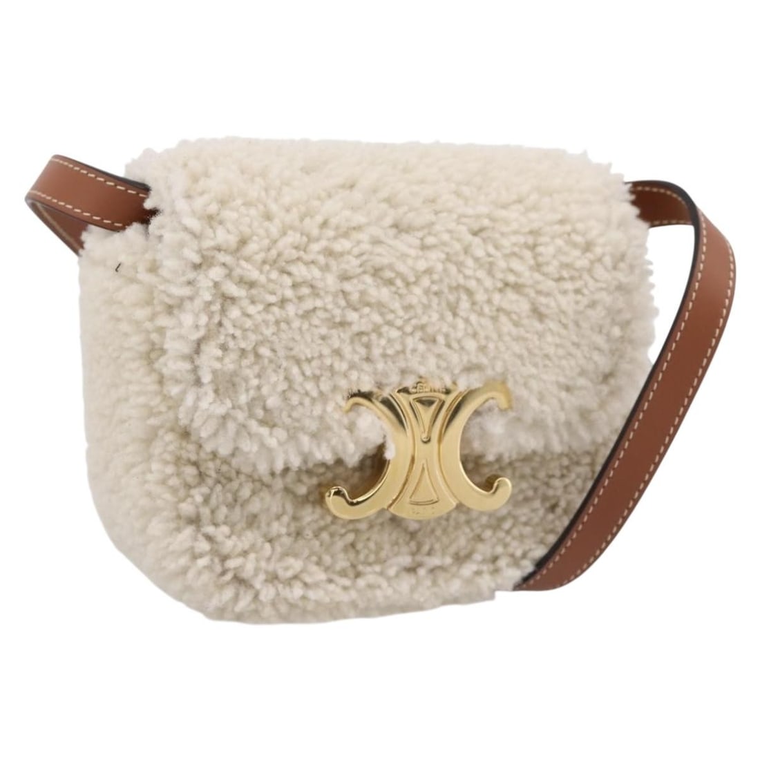CELINE Triomphe Claude Mini Shoulder Bag Wool Beige Gold: CELINE Triomphe Claude Mini Shoulder Bag Wool Beige Gold Celine Triomphe Mini Claude shoulder pouch in beige and gold wool. Made in Italy, this women's shoulder bag includes the dust bag and item box.