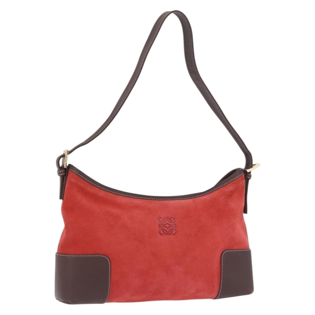LOEWE suede shoulder bag in red with gold tone dust bag: LOEWE suede shoulder bag in red with gold tone dust bag Authentic LOEWE shoulder bag in red suede with gold-tone accents. Made in Spain, this women's bag includes a dust bag and features an adjustable