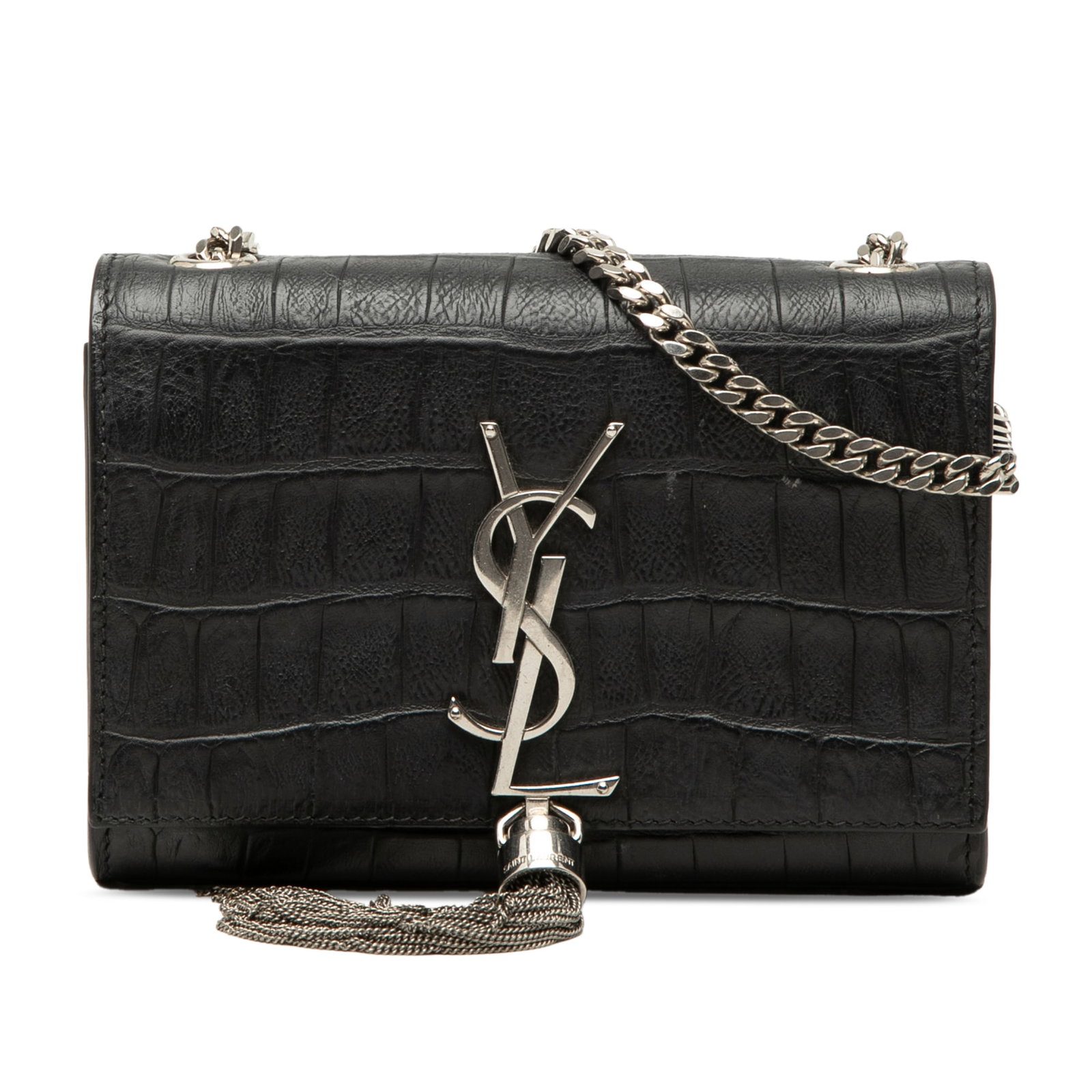 Saint Laurent Kate Small Black Croc Embossed Leather Crossbody Bag: Saint Laurent Kate Small Black Croc Embossed Leather Crossbody Bag Small Saint Laurent Kate tassel crossbody bag in black croc-embossed leather. This bag features a leather body, chain strap, front fl