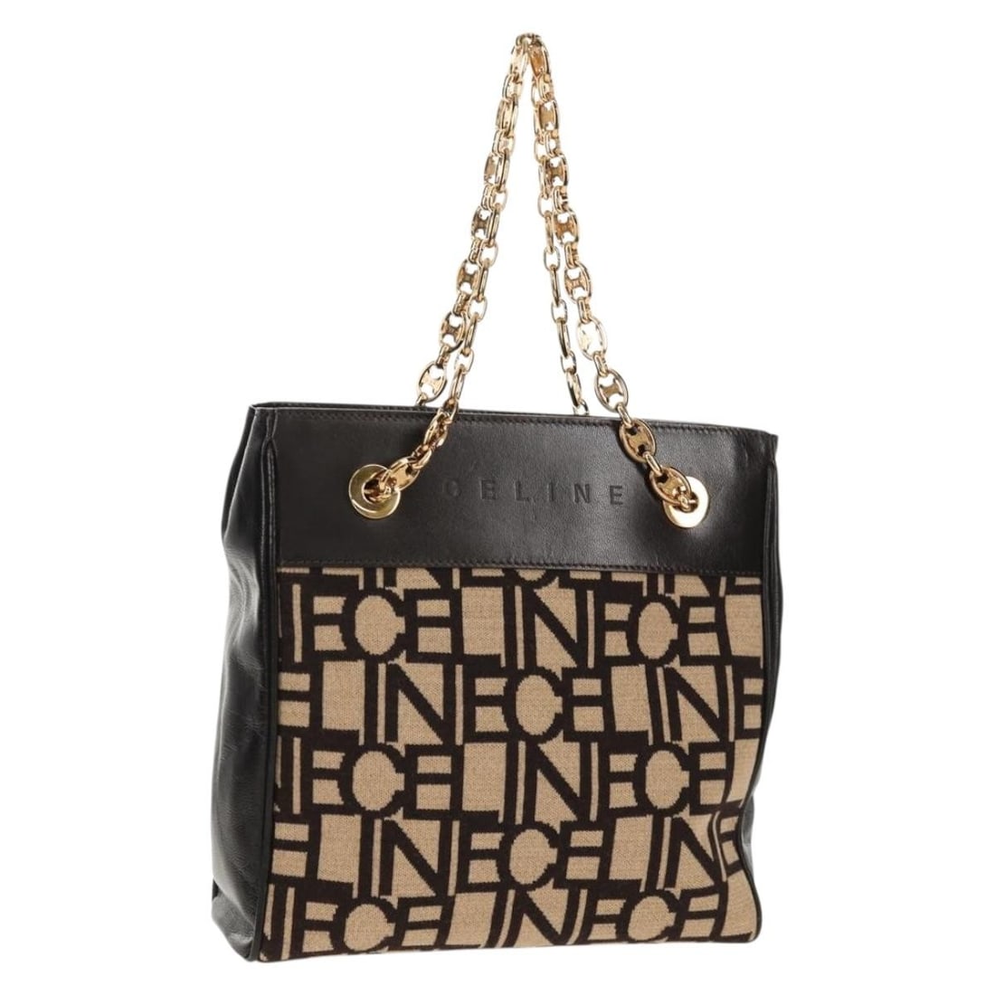 CELINE Blazon Canvas Shoulder Bag Brown Gold Tone Italy: CELINE Blazon Canvas Shoulder Bag Brown Gold Tone Italy A CELINE Blazon Chain Shoulder Bag in brown canvas with gold-tone details. It comes with a dust bag and was made in Italy. The bag is described 