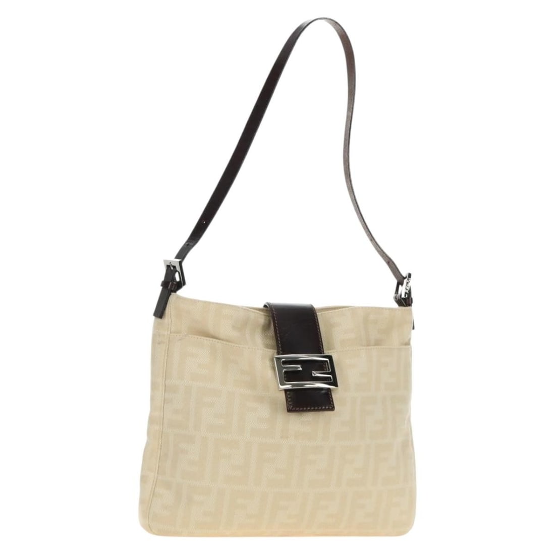 FENDI Mamma Baguette Shoulder Bag Zucca Canvas Ivory Silver: FENDI Mamma Baguette Shoulder Bag Zucca Canvas Ivory Silver Fendi Mamma Baguette shoulder bag in Zucca canvas with an ivory and silver colorway. Made in Italy, it comes with a dust bag. The bag is des