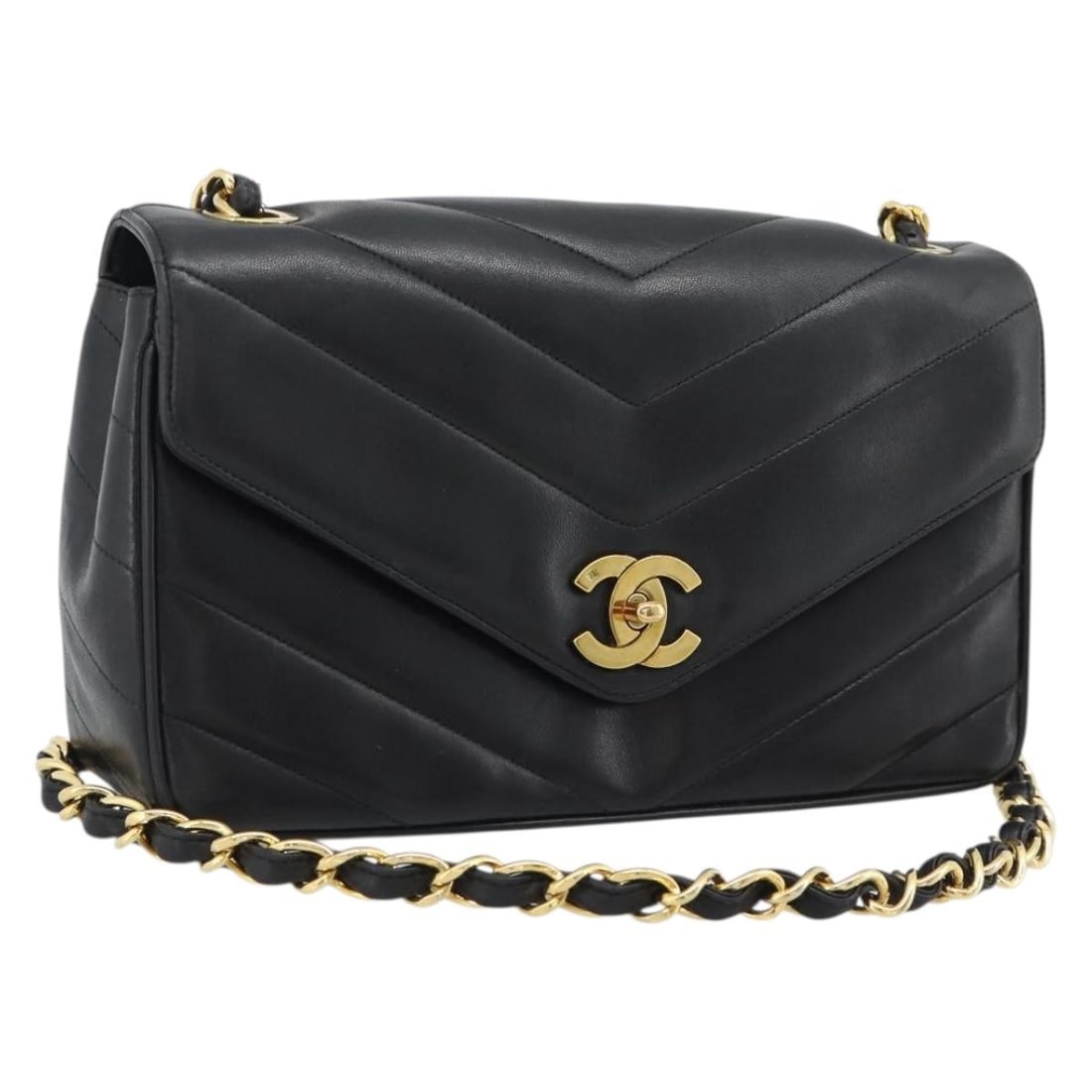 CHANEL V Stitch Lamb Skin Shoulder Bag Black Gold CC: CHANEL V Stitch Lamb Skin Shoulder Bag Black Gold CC Chanel V stitch chain shoulder bag in black lamb skin with gold-tone accents. This women's shoulder bag is made in France and includes a dust bag a