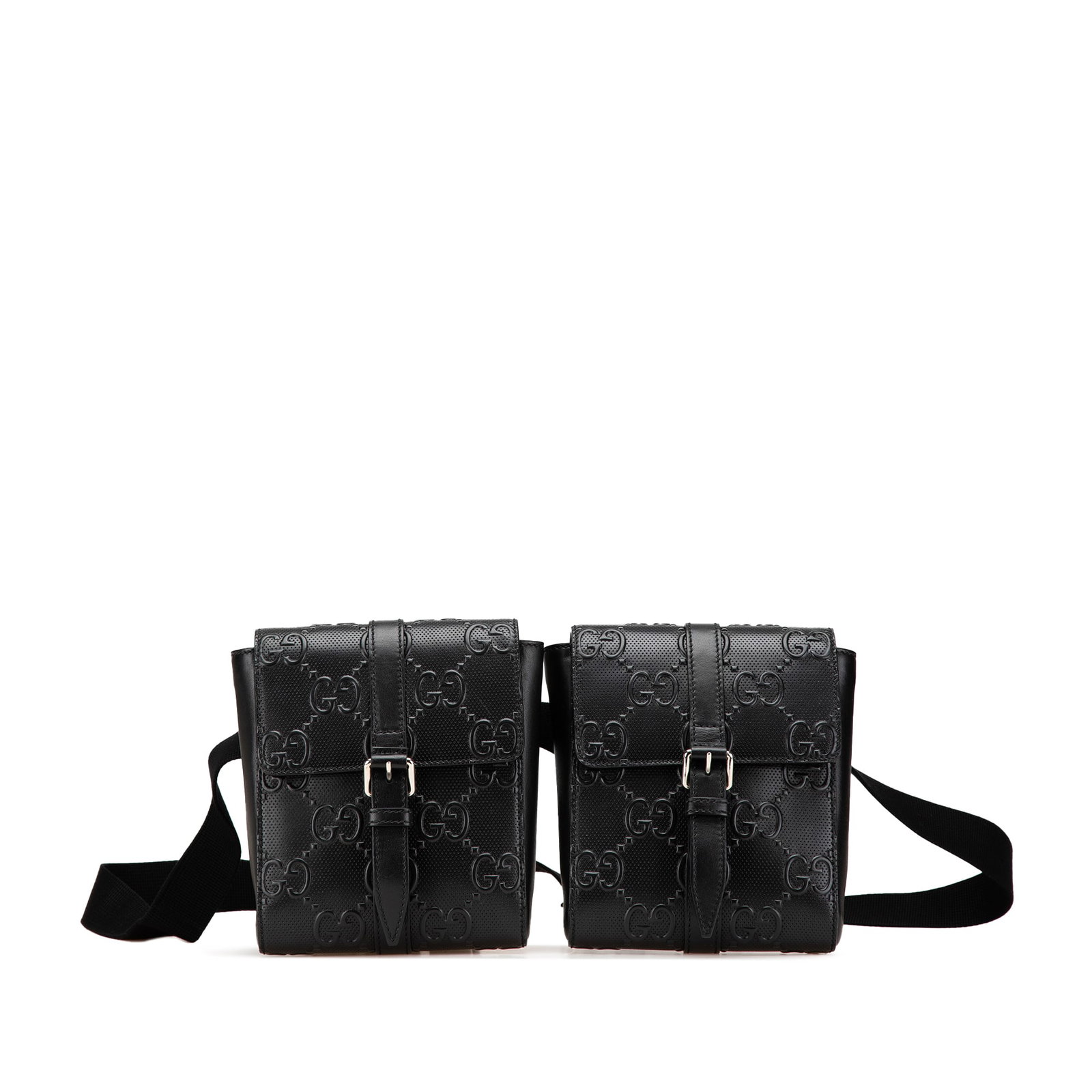 Gucci GG Embossed Perforated Leather Double Belt Bag Black: Gucci GG Embossed Perforated Leather Double Belt Bag Black Introducing the Gucci GG Embossed Perforated Double Belt Bag, a stylish accessory crafted from high-quality embossed and perforated leather. 