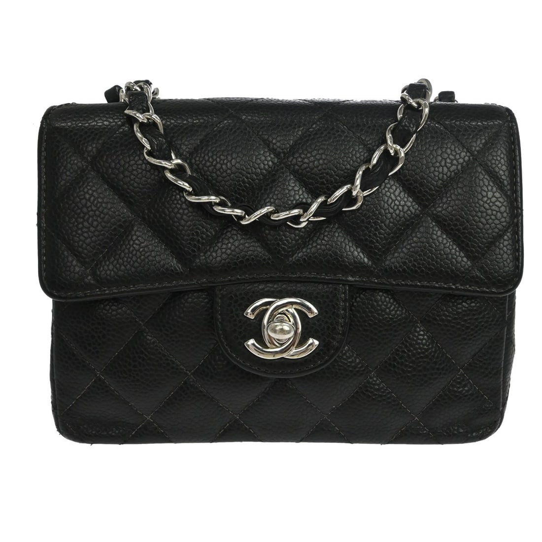 CHANEL Classic Single Flap Mini Square Shoulder Bag Black Caviar Leather: CHANEL Classic Single Flap Mini Square Shoulder Bag Black Caviar Leather Chanel Mini Classic Square Flap shoulder bag in black caviar skin leather with a turn-lock closure and crossbody strap. This wo