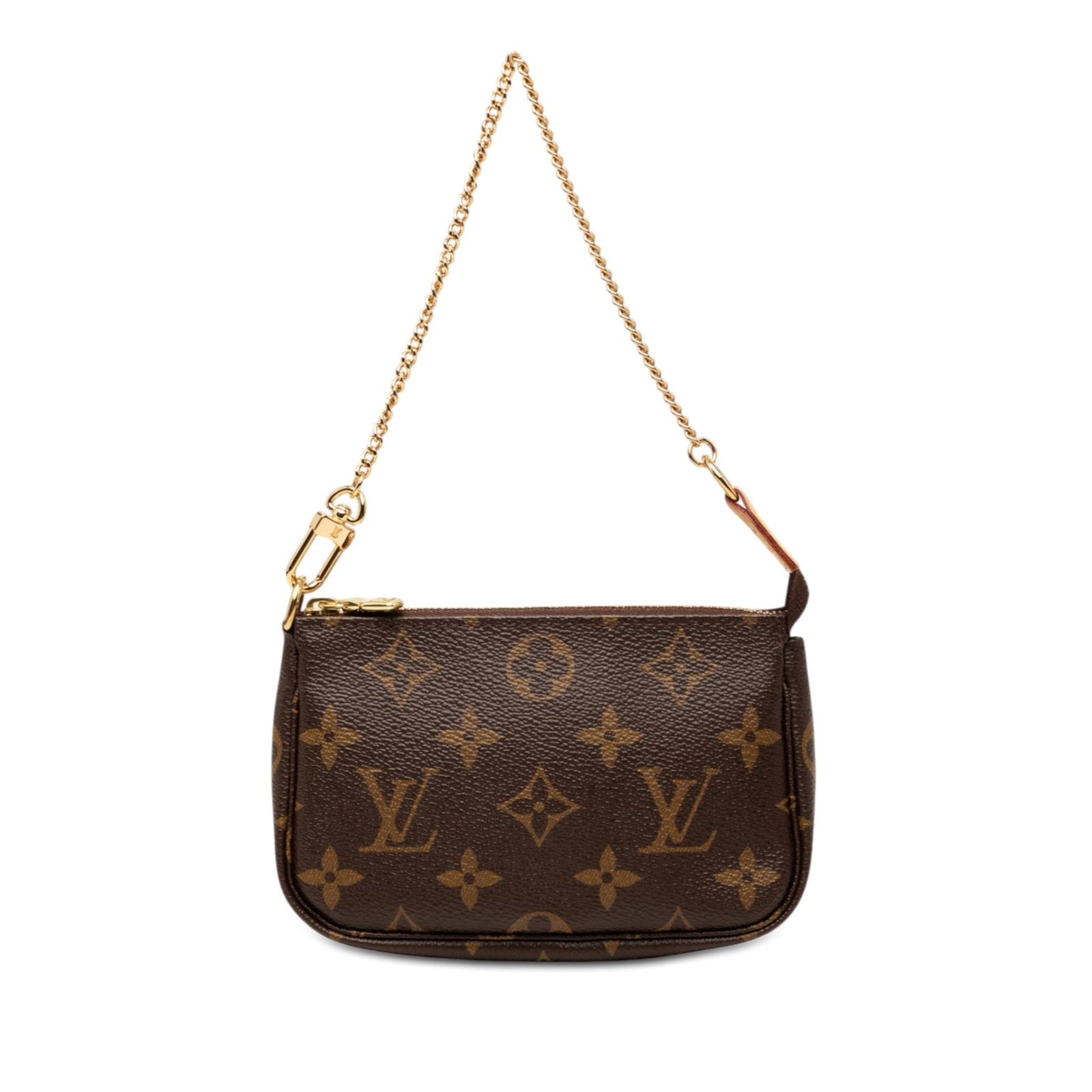 Louis Vuitton Monogram Mini Pochette Bag with Chain Strap: Louis Vuitton Monogram Mini Pochette Bag with Chain Strap Louis Vuitton Monogram Mini Pochette Accessoires in brown monogram canvas with a gold-tone chain strap and top zip closure. Made in France. In