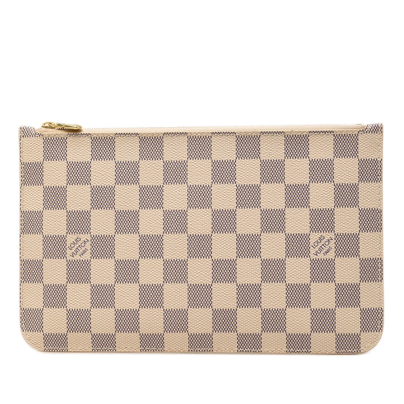Louis Vuitton Neverfull MM Damier Azur Wristlet Pouch: Louis Vuitton Neverfull MM Damier Azur Wristlet Pouch Louis Vuitton Damier Azur Neverfull MM Pouch with a damier canvas body, detachable flat vachetta leather wrist strap, top zip closure, and interio