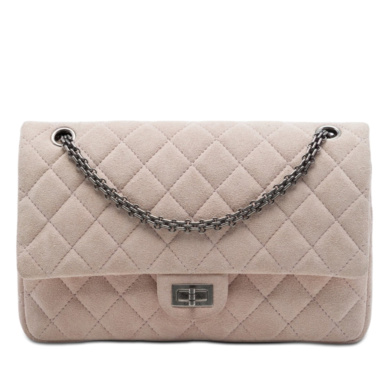 Chanel Reissue 2.55 226 Pink Quilted Suede Shoulder Bag: Chanel Reissue 2.55 226 Pink Quilted Suede Shoulder Bag Chanel Reissue 2.55 Double Flap 226 shoulder bag in pink quilted suede with chain link shoulder straps and a twist-lock closure. The design incl