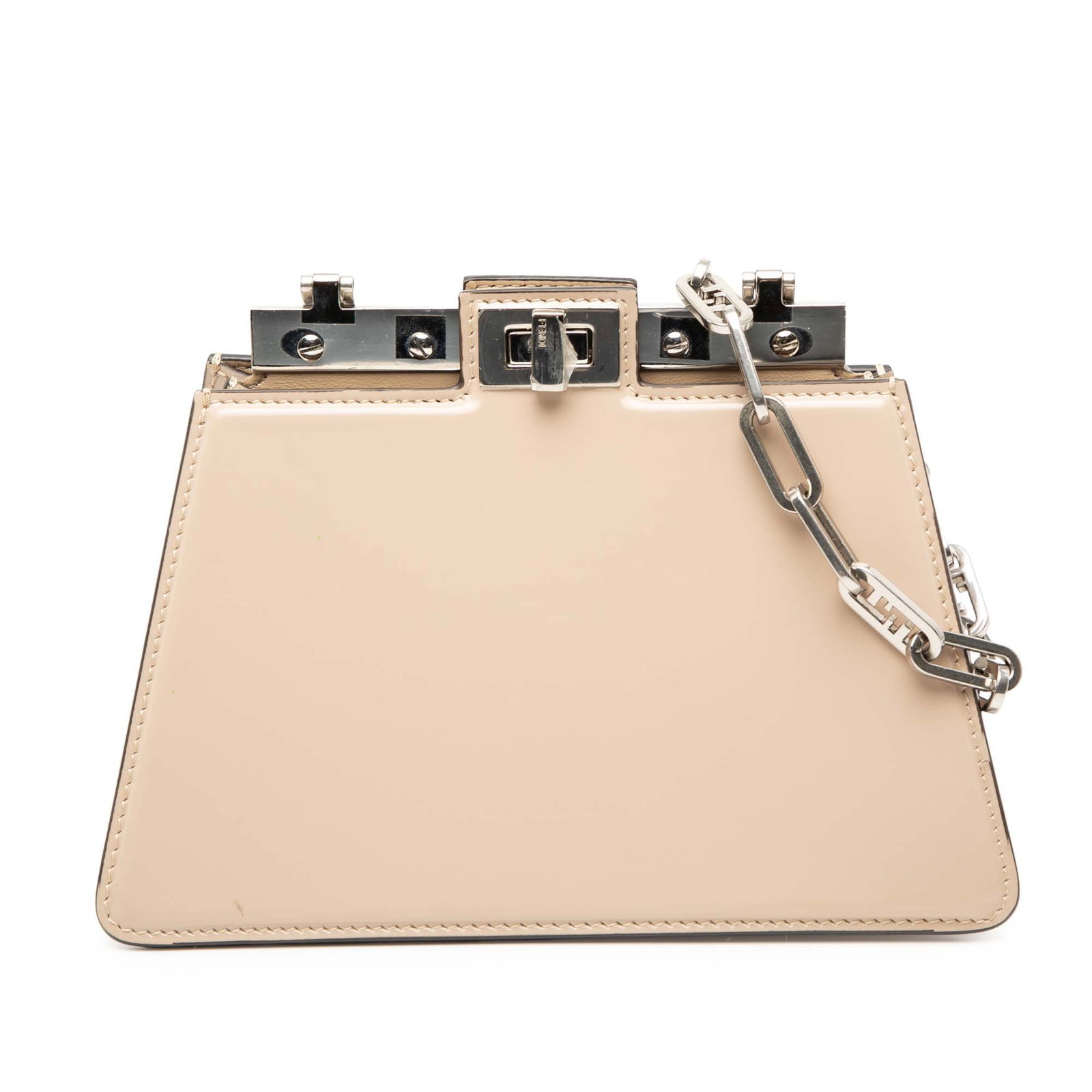 Fendi Peekaboo Cut Small Beige Leather Chain Strap Shoulder Bag: Fendi Peekaboo Cut Small Beige Leather Chain Strap Shoulder Bag This Fendi Small Leather Peekaboo Cut Chain Shoulder Bag features a beige leather body with a chain link shoulder strap. The bag is desi