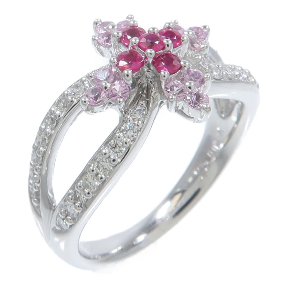 18K White Gold Ring with Sapphire Ruby and Diamond Size 6: 18K White Gold Ring with Sapphire Ruby and Diamond Size 6 Women's ring featuring sapphire, ruby, and diamond set in 18K white gold. Finished in pink and clear tones, this piece is presented in very go