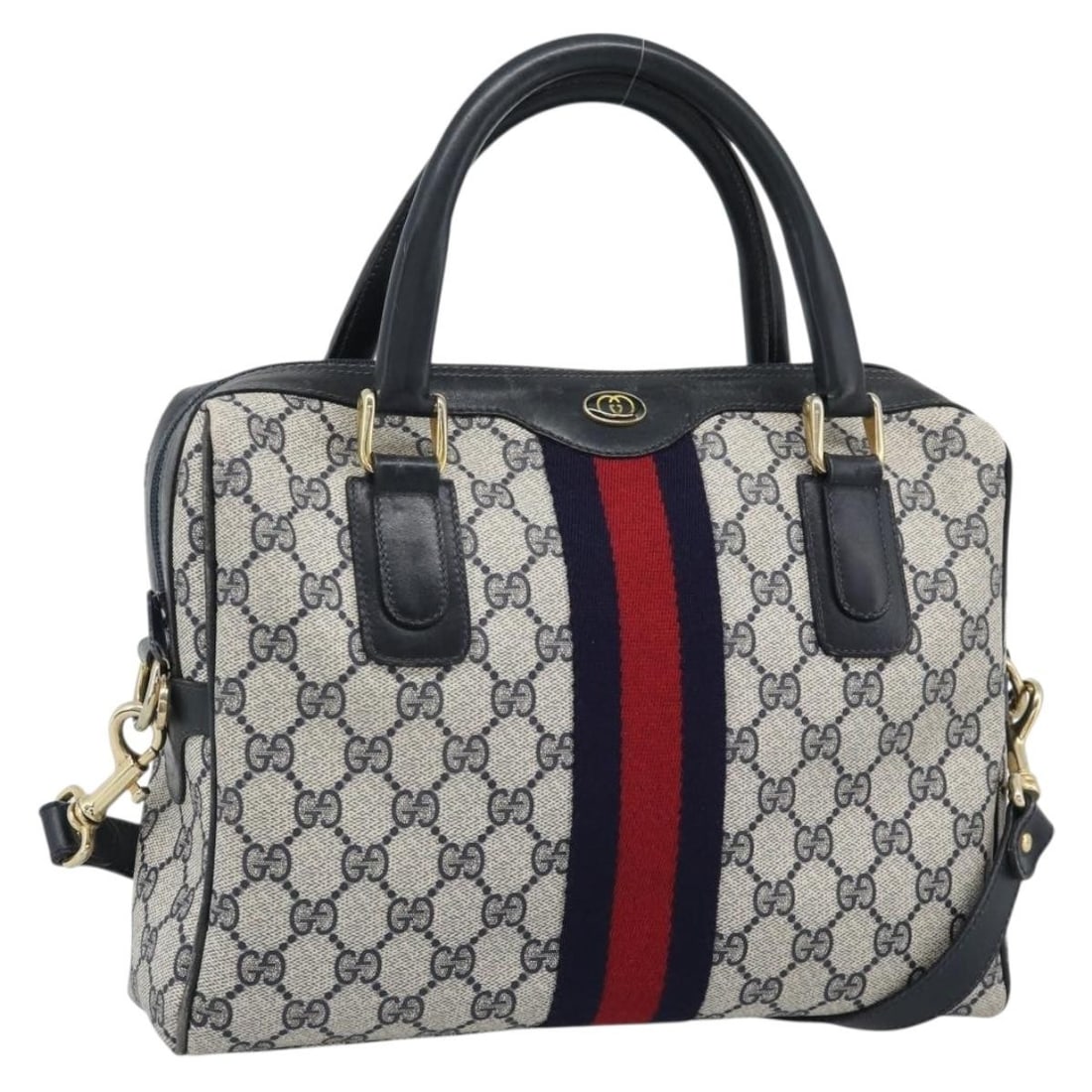Gucci Sherry Line 2way Boston Bag GG Supreme PVC Navy Gold: Gucci Sherry Line 2way Boston Bag GG Supreme PVC Navy Gold Gucci GG Supreme Sherry Line 2-way Boston bag in navy with gold-tone accents, crafted in PVC leather and GG canvas. This women's bag includes