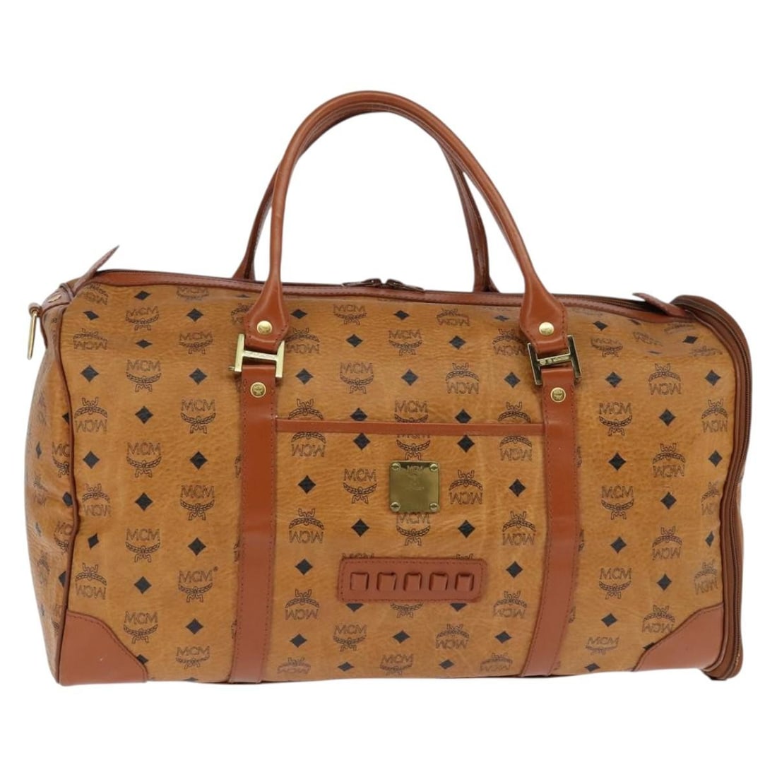 MCM Logogram Boston Bag PVC Brown Gold Auth I0648: MCM Logogram Boston Bag PVC Brown Gold Auth I0648 Introducing the MCM Logogram Vicetos Boston Bag, a stylish accessory crafted from durable PVC leather in an elegant brown and gold color scheme. This 