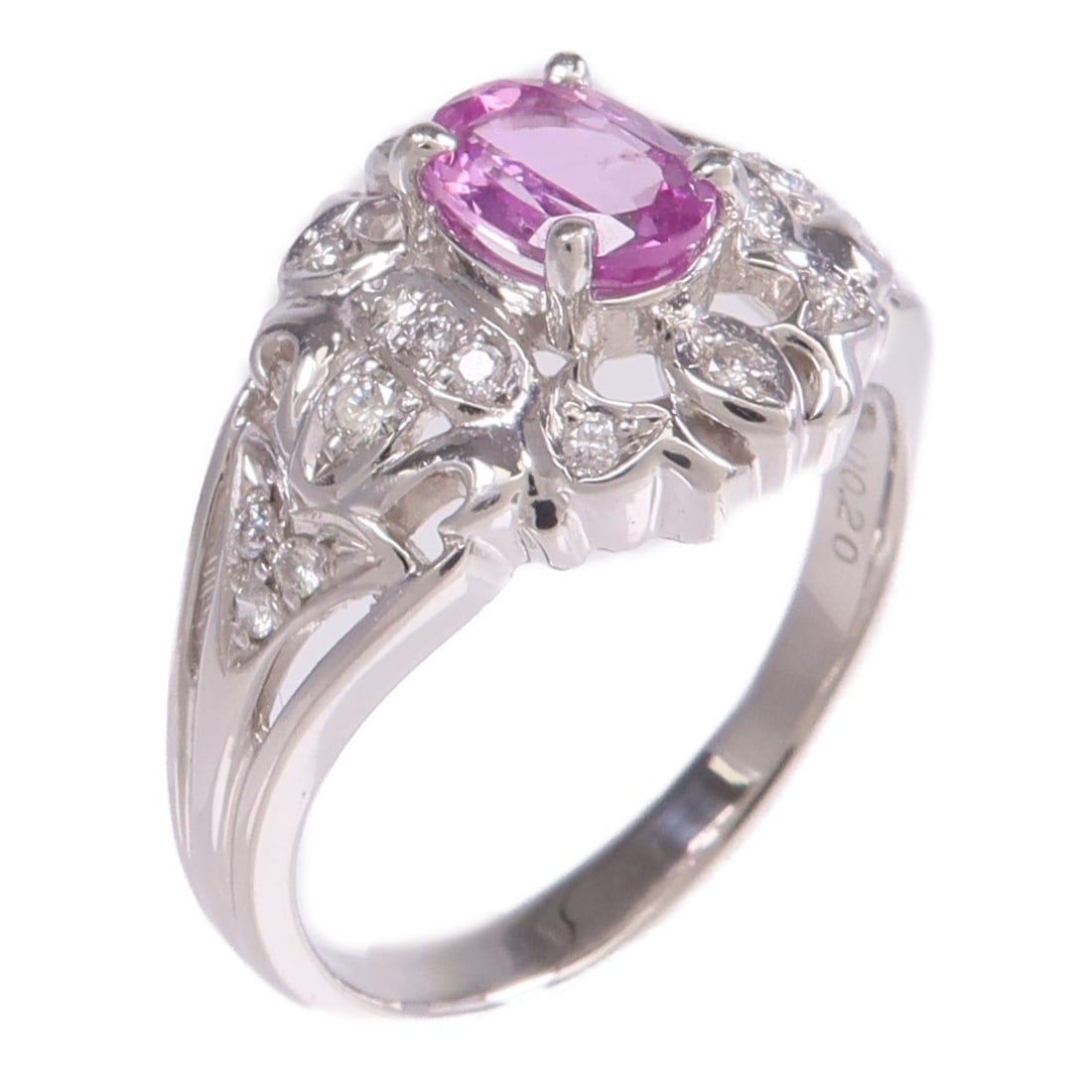 Pt900 Platinum Pink Sapphire Diamond Ring Size 9: Pt900 Platinum Pink Sapphire Diamond Ring Size 9 A women's ring crafted in Pt900 platinum with a pink sapphire and diamond design. The ring is size 9 and features a pink and clear color combination. C