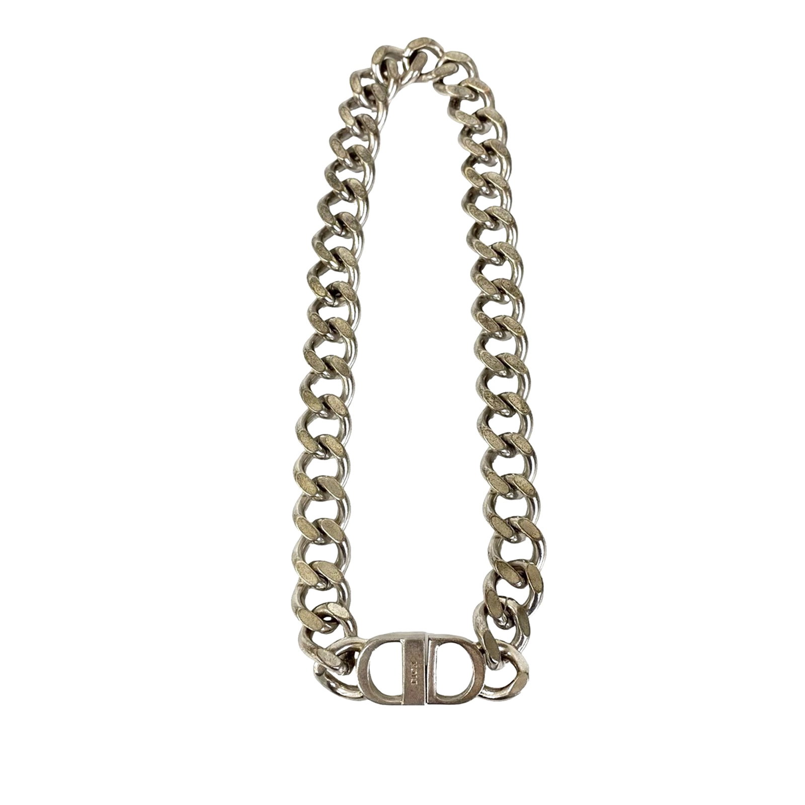 Dior CD Logo Chain Link Necklace Silver Plated: Dior CD Logo Chain Link Necklace Silver Plated This Dior necklace features a silver plated chain link design with a CD logo metal clasp closure. The piece is categorized as costume jewelry and is craf