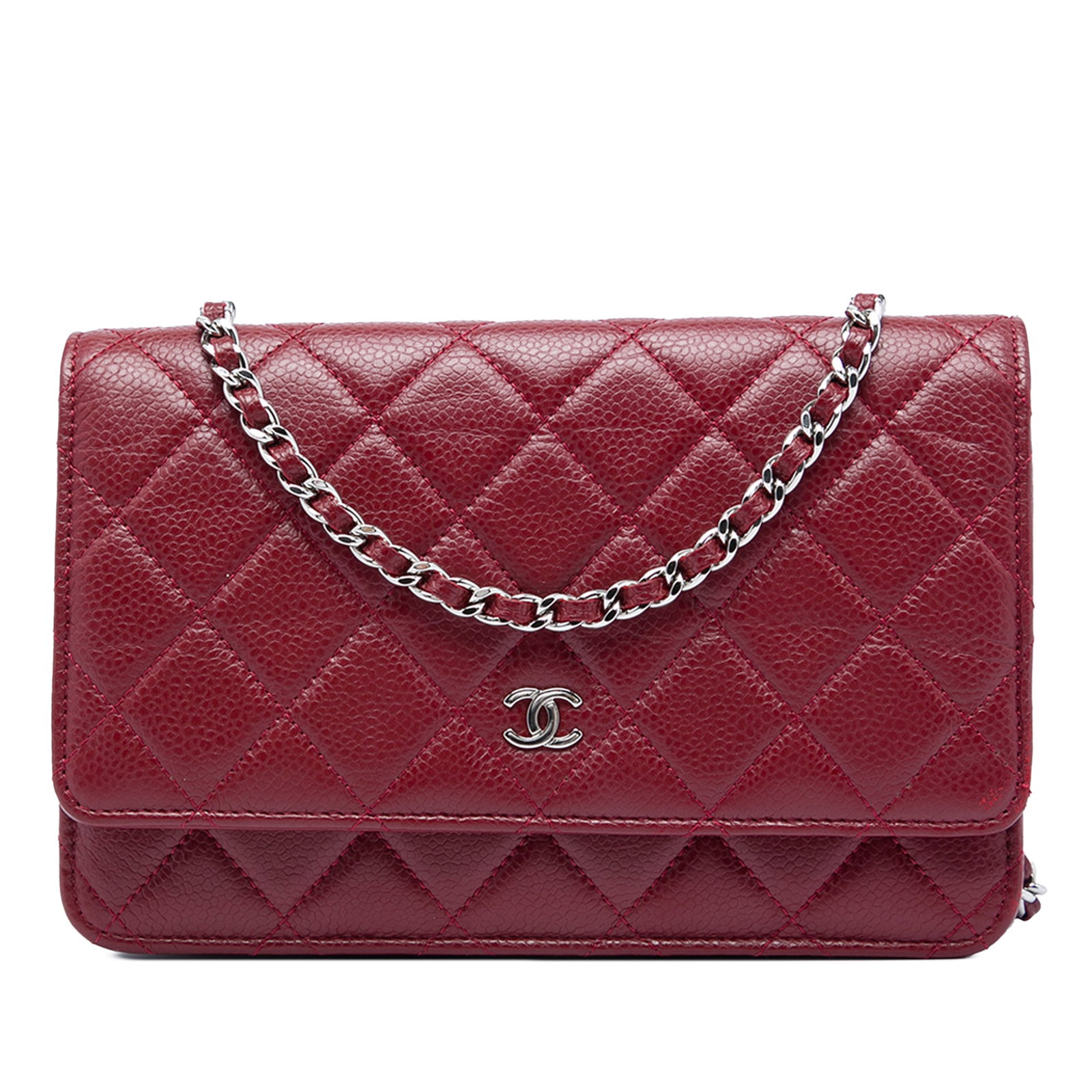 Chanel CC Caviar Leather Wallet on Chain Quilted Red: Chanel CC Caviar Leather Wallet on Chain Quilted Red Chanel wallet on chain crafted in red quilted caviar leather. This bag features a leather-woven chain strap, a front flap with snap closure, an ext