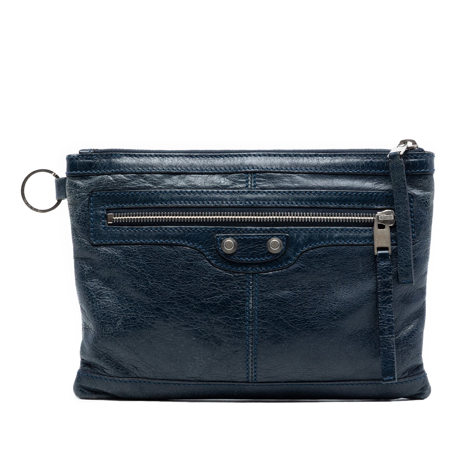 Balenciaga Motocross Classic Clip S Blue Leather Clutch Bag: Balenciaga Motocross Classic Clip S Blue Leather Clutch Bag This Balenciaga Lambskin Motocross Classic Clip S Clutch features a blue leather body with a top zip closure and an exterior front zip pocke