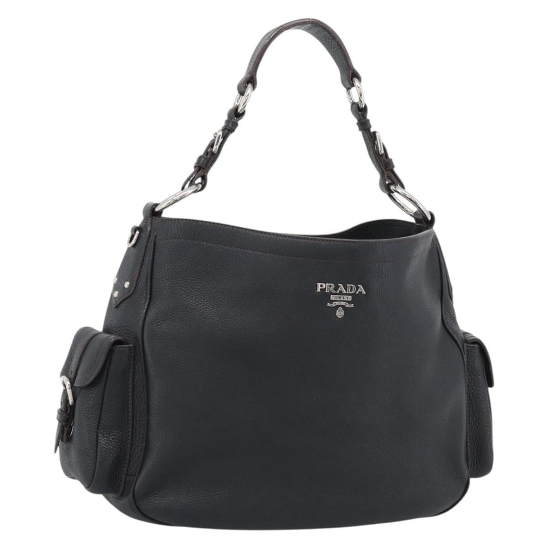 PRADA Vitello Daino Leather Shoulder Bag Black Silver Tone (1 of 18)