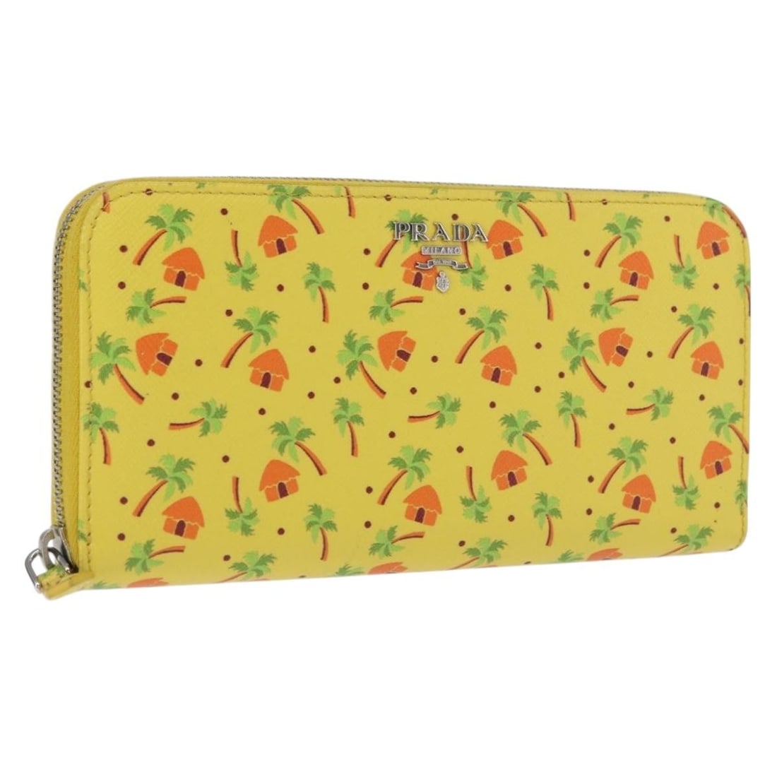 Yellow Saffiano Leather Long Wallet by PRADA with Silver Tone Details: Yellow Saffiano Leather Long Wallet by PRADA with Silver Tone Details This PRADA long wallet is crafted from yellow Saffiano leather with silver-tone accents. The wallet features a sleek design with a