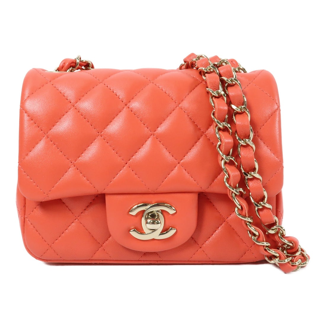CHANEL A35200 Mini Classic 17 Shoulder Bag Orange Lambskin CC GHW: CHANEL A35200 Mini Classic 17 Shoulder Bag Orange Lambskin CC GHW A CHANEL Mini Classic 17 chain shoulder bag in orange lambskin (sheep leather) with gold-tone hardware. It is a women's shoulder bag, 