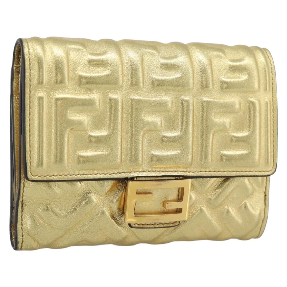 FENDI 8M0419 Zucca bifold wallet leather gold tone: FENDI 8M0419 Zucca bifold wallet leather gold tone Fendi bifold wallet in leather and Zucca canvas with a gold tone colorway. Made in Italy, this women's wallet shows reasonable wear and tear consiste
