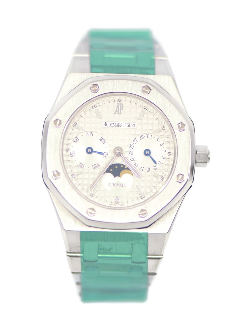 Audemars Piguet Royal Oak Day Date Moon Stainless Steel Watch Ref 25594ST: Audemars Piguet Royal Oak Day Date Moon Stainless Steel Watch Ref 25594ST Discover the elegance of the Audemars Piguet Royal Oak Day Date Moon watch, a stunning wristwatch crafted from stainless steel