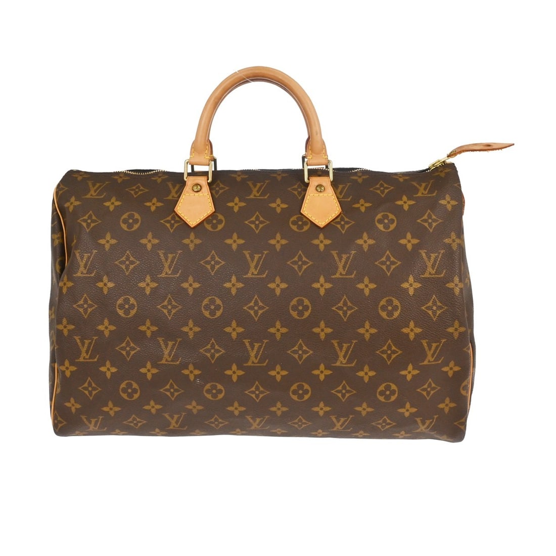 Louis Vuitton Speedy 40 Monogram Canvas Brown Duffle Handbag M41522: Louis Vuitton Speedy 40 Monogram Canvas Brown Duffle Handbag M41522 Vintage Louis Vuitton Speedy 40 duffle handbag in the Monogram pattern with double handles and zip closure. The bag shows reasonable