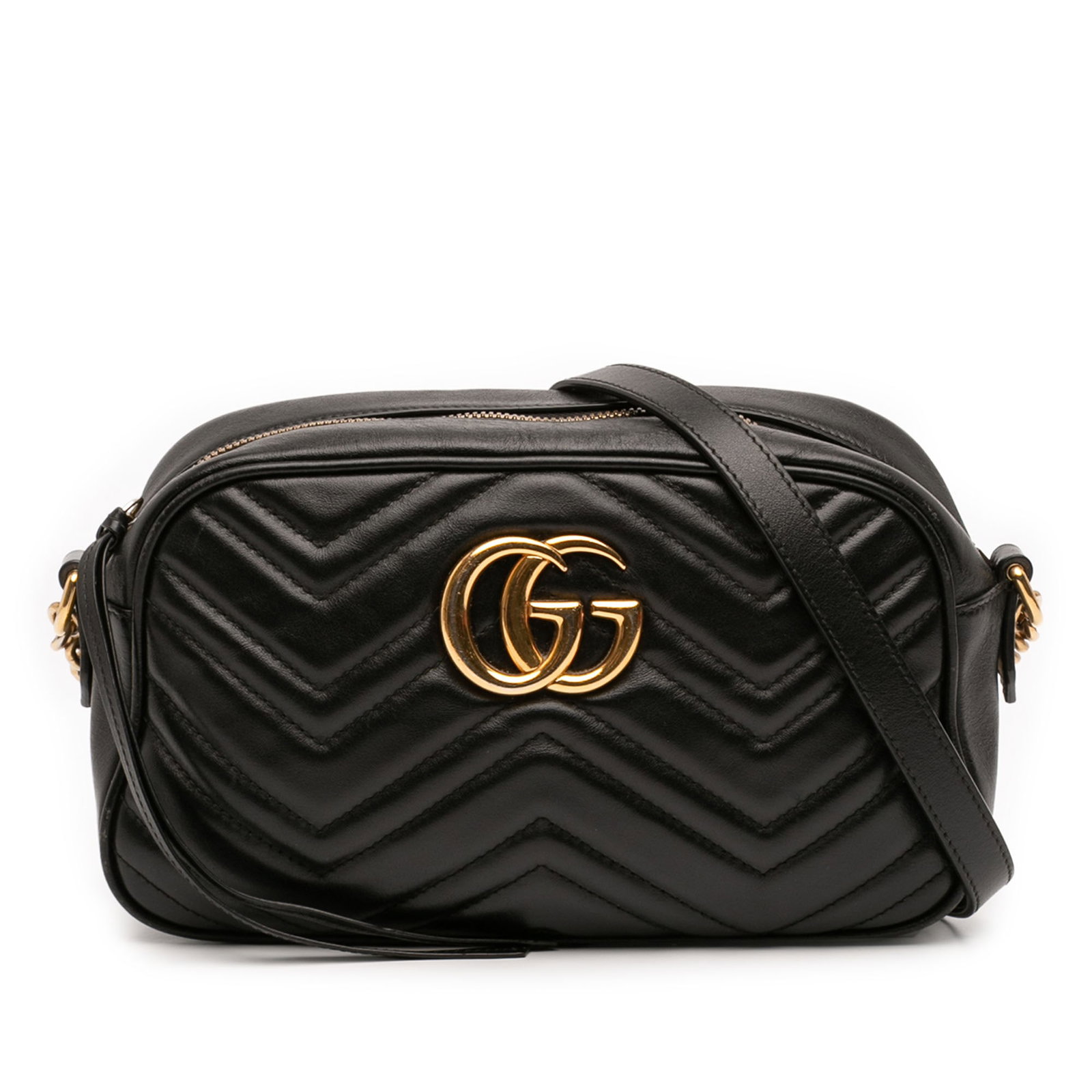 Gucci GG Marmont Small Matelasse Leather Crossbody Bag: Gucci GG Marmont Small Matelasse Leather Crossbody Bag Gucci Small GG Marmont Matelasse Calfskin Crossbody in black leather with a quilted body, curb chain and leather strap, top zip closure, and inte